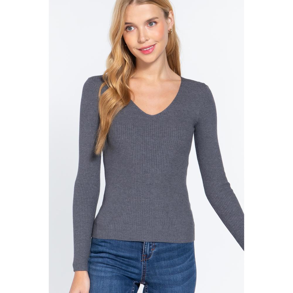 V-neck Viscose Rib Sweater - Picture 1 of 7